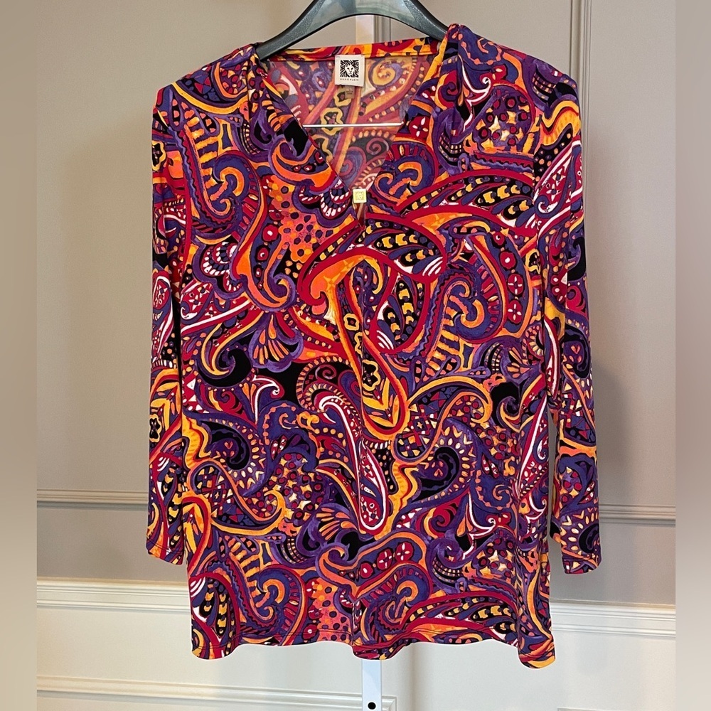 Anne Klein Women's Paisley Blouse Shirt Large Bold Vibrant Jersey Stretch